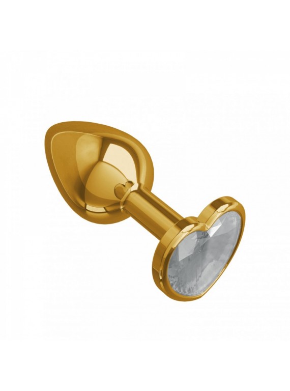 Небольшая золотая анальная втулка с прозрачным кристаллом в виде сердца Джага