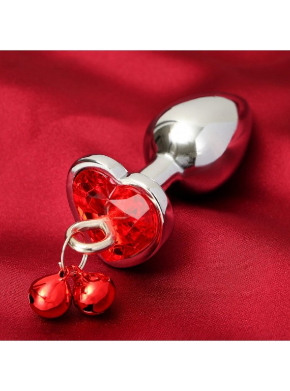 Анальная втулка с красным кристаллом в форме сердца и колокольчиками