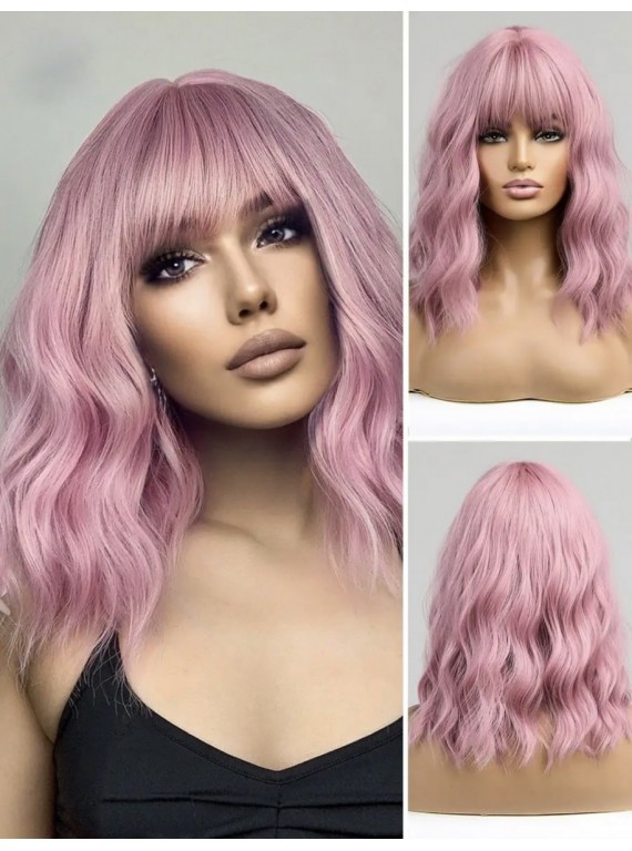 Розовый парик с удлиненным каре и челкой